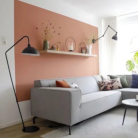 Salón pintado en blanco con una pared en tono terracota